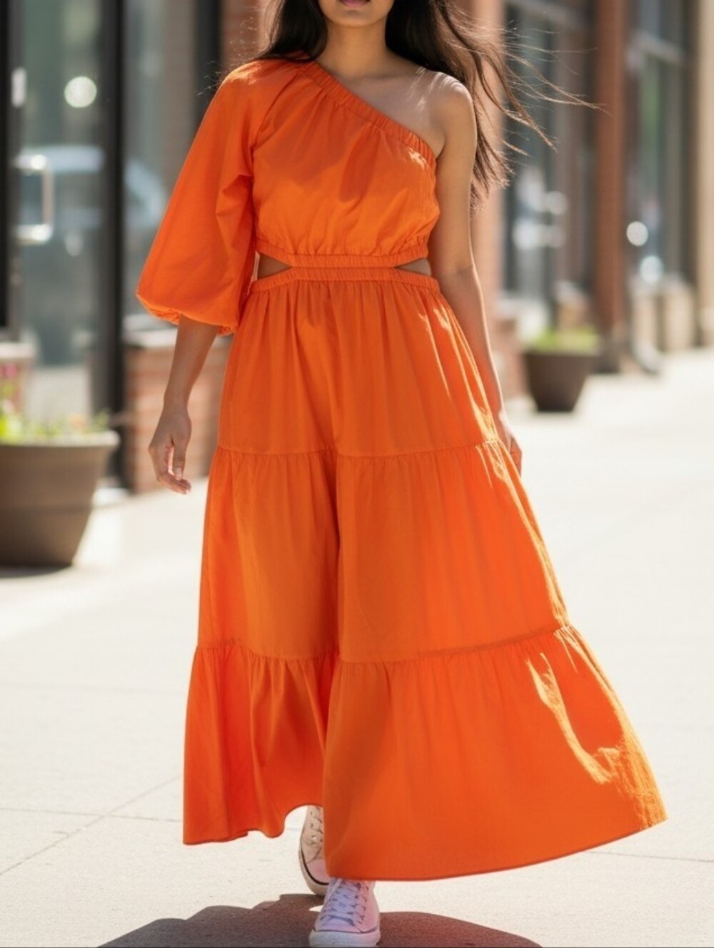 🧡 NWT The Drop April One Shoulder Cutout Tiered Dress in Fire Orange Size L🧡